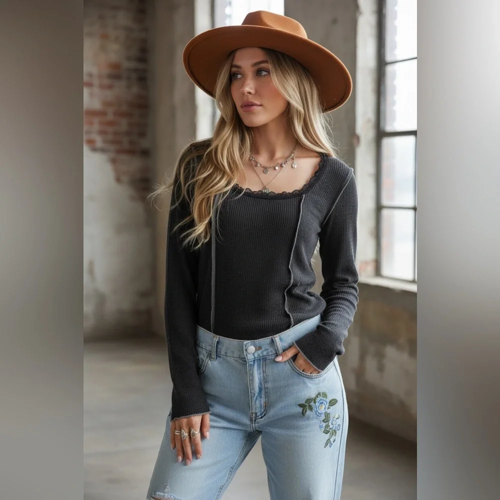 NWT POL Exposed Seam Butterfly Patch Boho Washed Black Long Sleeve Top - Picture 5 of 6